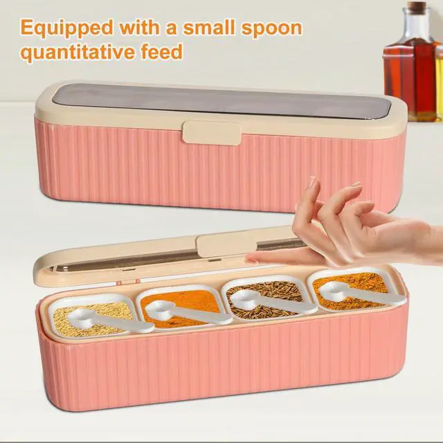 Alt view image 3 of 7 - Clear Seasoning Box, 4 Packs Seasoning Rack Spice Pots, Condiment Jars Seasoning Box with Clear Covers and Spoons for Spice, Sugar, Salt, Pepper, Garlic Powder (Pink)
