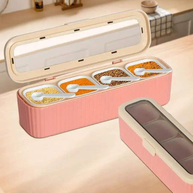 Alt view image 5 of 7 - Clear Seasoning Box, 4 Packs Seasoning Rack Spice Pots, Condiment Jars Seasoning Box with Clear Covers and Spoons for Spice, Sugar, Salt, Pepper, Garlic Powder (Pink)