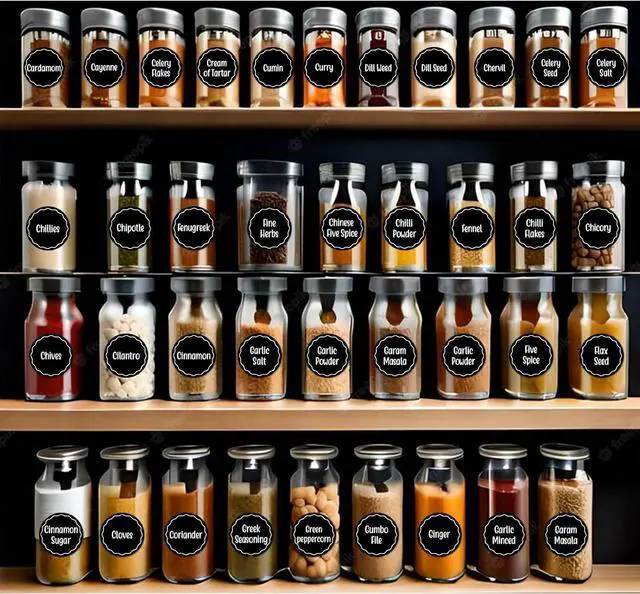 Alt view image 7 of 7 - Andiker 144Pcs Spice Jar Labels, Preprinted Self-Adhesive Spice Jar Stickers, Waterproof Seasoning Label Stickers for Jars Bottles and Containers (Round, Black)