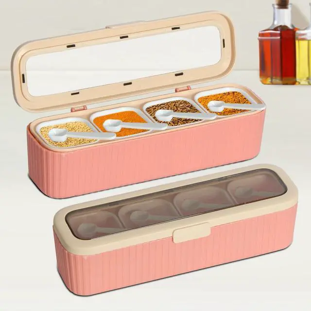 Alt view image 6 of 7 - Clear Seasoning Box, 4 Packs Seasoning Rack Spice Pots, Condiment Jars Seasoning Box with Clear Covers and Spoons for Spice, Sugar, Salt, Pepper, Garlic Powder (Pink)