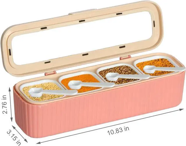 Alt view image 7 of 7 - Clear Seasoning Box, 4 Packs Seasoning Rack Spice Pots, Condiment Jars Seasoning Box with Clear Covers and Spoons for Spice, Sugar, Salt, Pepper, Garlic Powder (Pink)