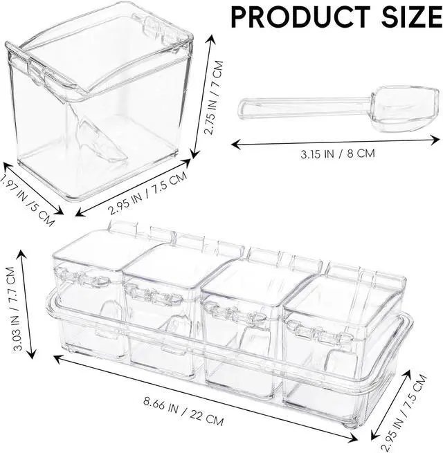 Alt view image 2 of 7 - XJMWXHFC Clear Seasoning Box, 4 Pieces Seasoning Rack Spice Pots, Storage Container Condiment Jars Acrylic Seasoning Box with Covers and Spoons for Spice, Sugar, Salt, Sugar, Cardamon, Cinnamon