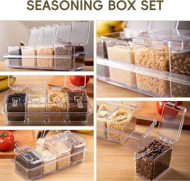 Alt view image 4 of 7 - XJMWXHFC Clear Seasoning Box, 4 Pieces Seasoning Rack Spice Pots, Storage Container Condiment Jars Acrylic Seasoning Box with Covers and Spoons for Spice, Sugar, Salt, Sugar, Cardamon, Cinnamon