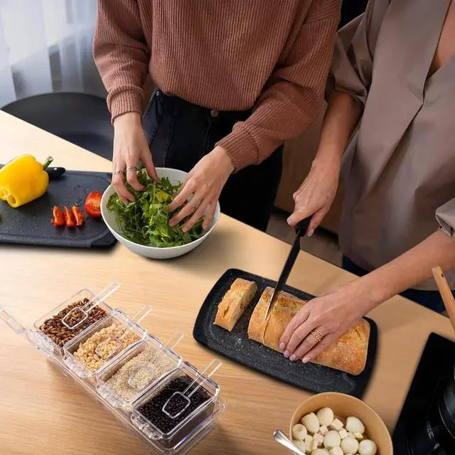 Alt view image 7 of 7 - XJMWXHFC Clear Seasoning Box, 4 Pieces Seasoning Rack Spice Pots, Storage Container Condiment Jars Acrylic Seasoning Box with Covers and Spoons for Spice, Sugar, Salt, Sugar, Cardamon, Cinnamon