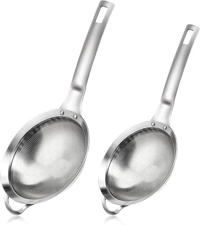 Main image of 2 Packs Punch Hole Sieve Fine Mesh Stainless Steel Mesh Strainer Small Colander Strainer with Handle Metal Mini Sifter Set for Kitchen Baking Straining Flour Quinoa Tea Juice