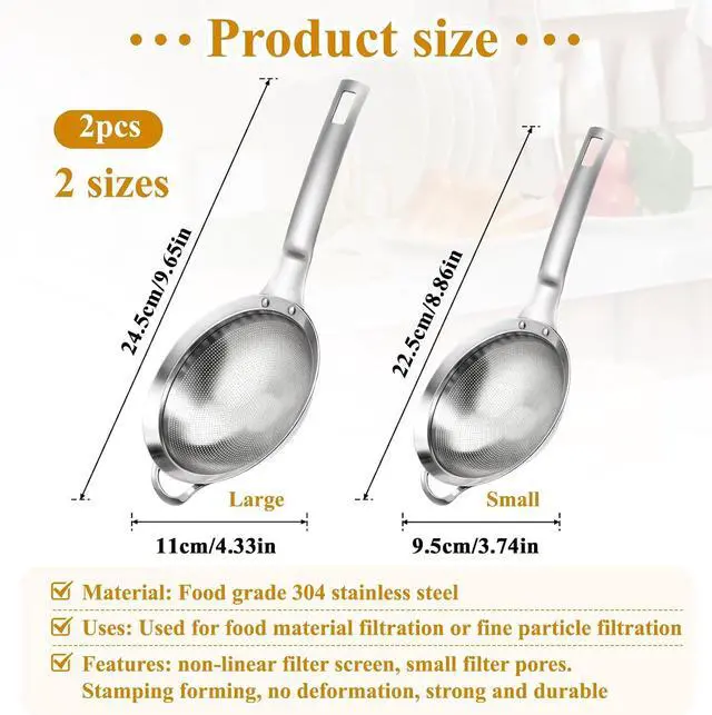 Alt view image 2 of 7 - 2 Packs Punch Hole Sieve Fine Mesh Stainless Steel Mesh Strainer Small Colander Strainer with Handle Metal Mini Sifter Set for Kitchen Baking Straining Flour Quinoa Tea Juice