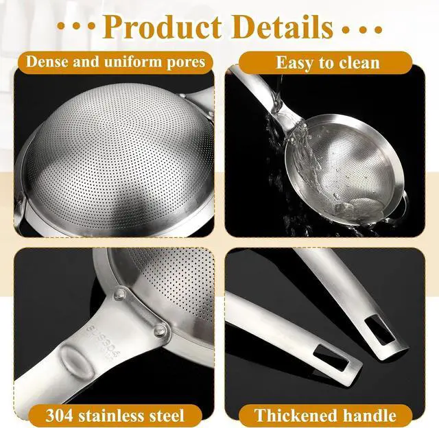 Alt view image 3 of 7 - 2 Packs Punch Hole Sieve Fine Mesh Stainless Steel Mesh Strainer Small Colander Strainer with Handle Metal Mini Sifter Set for Kitchen Baking Straining Flour Quinoa Tea Juice