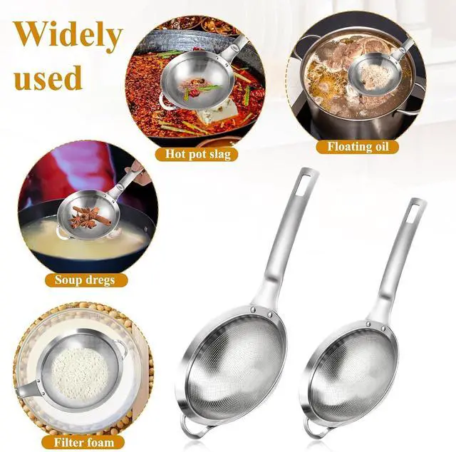 Alt view image 5 of 7 - 2 Packs Punch Hole Sieve Fine Mesh Stainless Steel Mesh Strainer Small Colander Strainer with Handle Metal Mini Sifter Set for Kitchen Baking Straining Flour Quinoa Tea Juice