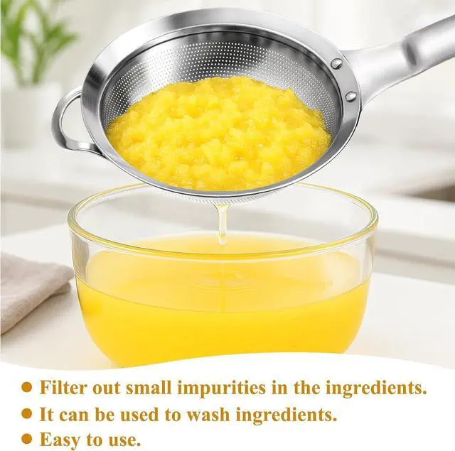 Alt view image 7 of 7 - 2 Packs Punch Hole Sieve Fine Mesh Stainless Steel Mesh Strainer Small Colander Strainer with Handle Metal Mini Sifter Set for Kitchen Baking Straining Flour Quinoa Tea Juice