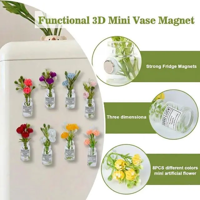 Alt view image 3 of 7 - Cute Mini Vase Fridge Magnets,8PCS Funny Luminous Plant Flower Magnets for Fridge,Tiny 3D Plant Pot with Flowers Refrigerator Magnets Decor for Kitchen, Office, Locker, Gifts for Mom Women Men(Small)