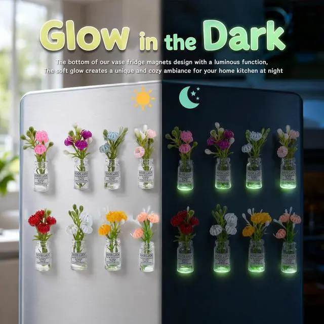Alt view image 7 of 7 - Cute Mini Vase Fridge Magnets,8PCS Funny Luminous Plant Flower Magnets for Fridge,Tiny 3D Plant Pot with Flowers Refrigerator Magnets Decor for Kitchen, Office, Locker, Gifts for Mom Women Men(Small)