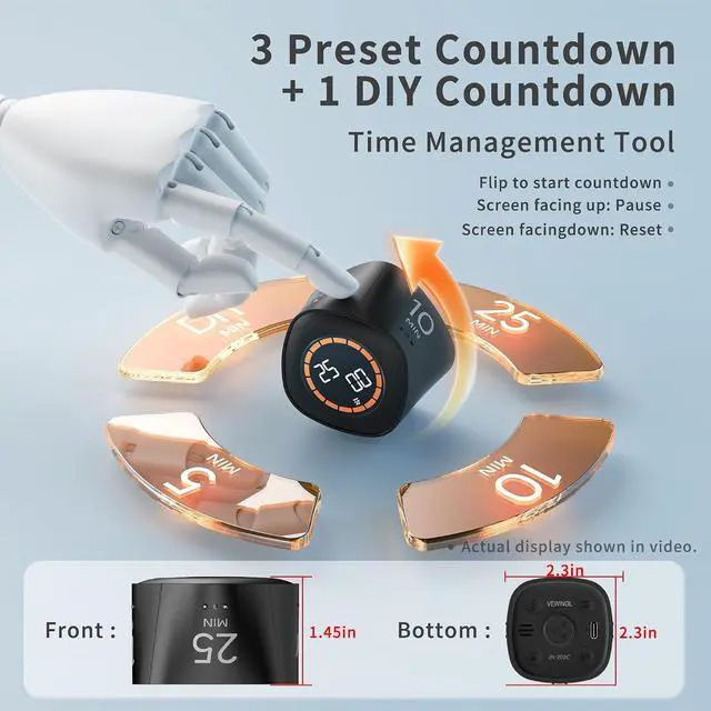 Alt view image 2 of 6 - VEWINGL Cube Productivity Timer, 25/5/10/45 Min Presets, Desk Flip Timer for Pomodoro Study Sessions, Vibration & Custom Modes for ADHD, Work, Study & Kitchen (Black)
