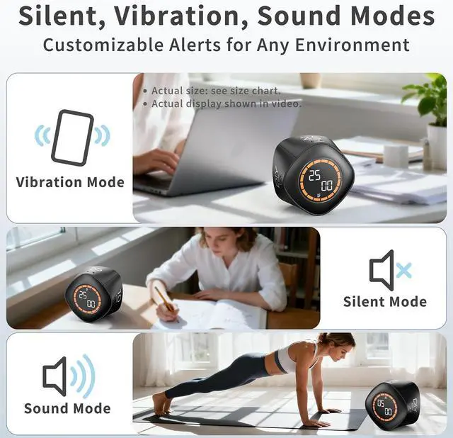 Alt view image 4 of 6 - VEWINGL Cube Productivity Timer, 25/5/10/45 Min Presets, Desk Flip Timer for Pomodoro Study Sessions, Vibration & Custom Modes for ADHD, Work, Study & Kitchen (Black)
