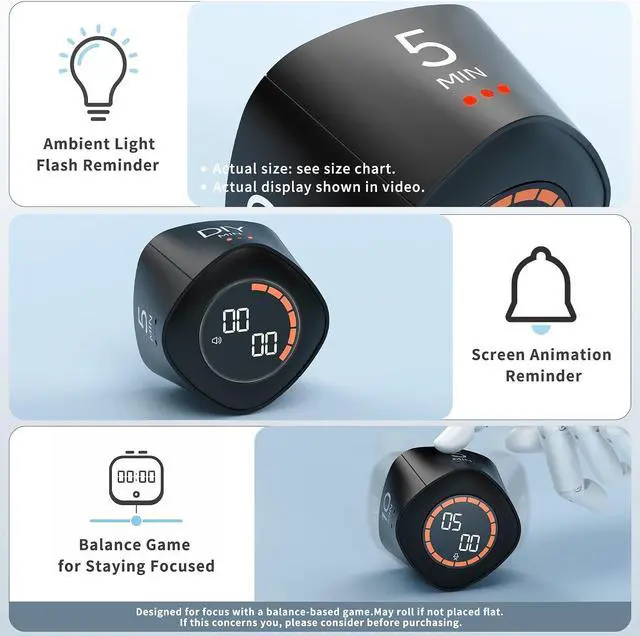 Alt view image 6 of 6 - VEWINGL Cube Productivity Timer, 25/5/10/45 Min Presets, Desk Flip Timer for Pomodoro Study Sessions, Vibration & Custom Modes for ADHD, Work, Study & Kitchen (Black)