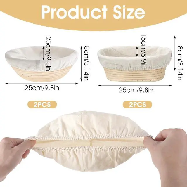 Alt view image 3 of 7 - 4Pcs Banneton Liners, 10In Cloth Bowl Covers for Bread Proofing,Reusable Natural Rattan Banneton Liner Cloth Cover for Bakery Home Baking, 2 Round & 2 Oval Sourdough Proofing Covers