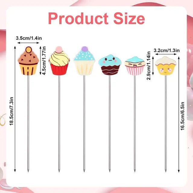 Alt view image 2 of 7 - 6pcs Stainless Steel Cake Testing Sticks, 6.5"/7.3" Baking Test Skewer Tools with Cute Cupcake Tops Reusable Cake Doneness Tester Picks for Bread Pastry Biscuit Muffin Cookie Baking Supplies
