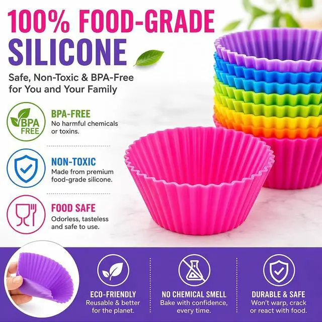 Alt view image 2 of 7 - Cupcake Liners - Reusable Silicone Cupcake Baking Cups - Non-Stick Baking Muffins Mold - Use As Lunch Box Dividers - Set of 12 Kitchen Accessories - Great Gift Idea