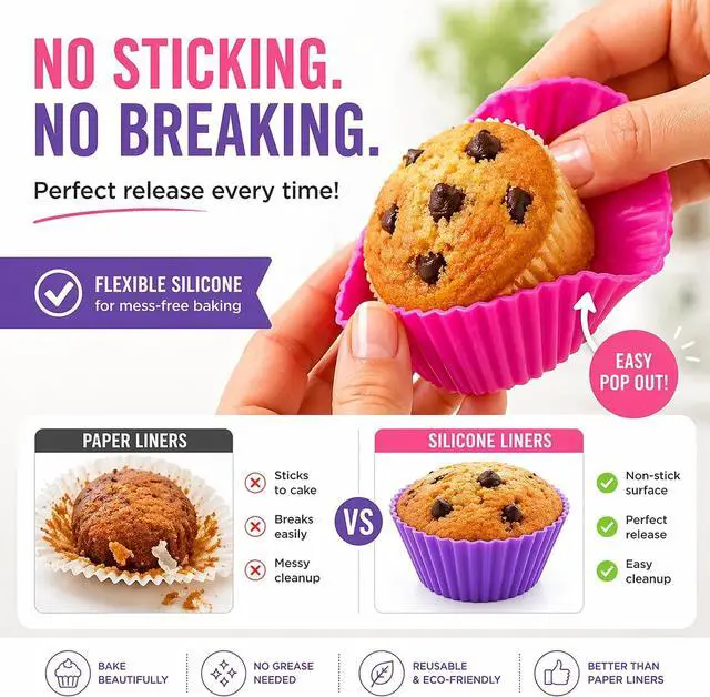 Alt view image 3 of 7 - Cupcake Liners - Reusable Silicone Cupcake Baking Cups - Non-Stick Baking Muffins Mold - Use As Lunch Box Dividers - Set of 12 Kitchen Accessories - Great Gift Idea