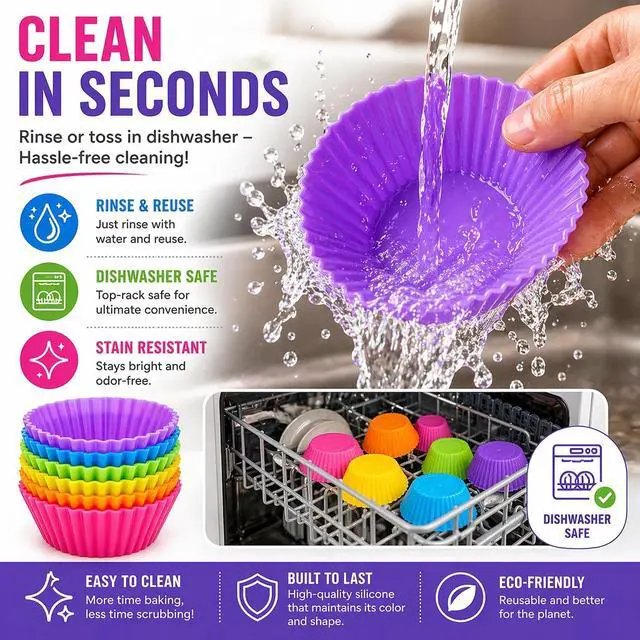 Alt view image 5 of 7 - Cupcake Liners - Reusable Silicone Cupcake Baking Cups - Non-Stick Baking Muffins Mold - Use As Lunch Box Dividers - Set of 12 Kitchen Accessories - Great Gift Idea