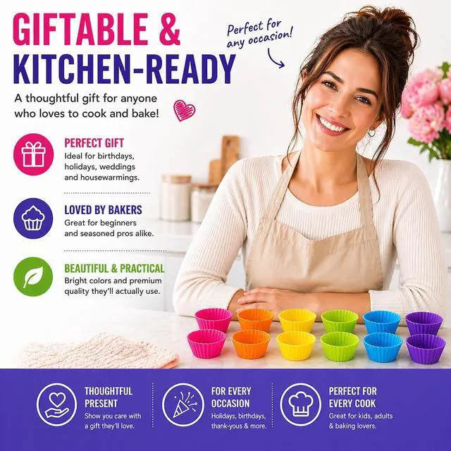 Alt view image 6 of 7 - Cupcake Liners - Reusable Silicone Cupcake Baking Cups - Non-Stick Baking Muffins Mold - Use As Lunch Box Dividers - Set of 12 Kitchen Accessories - Great Gift Idea