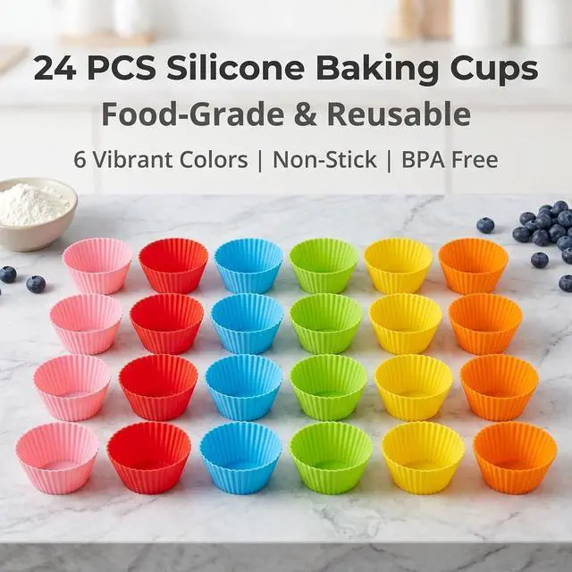 Alt view image 2 of 7 - Baking Cups 24 Pack, Multi-color Reusable Silicone Cupcake Liners, Non-stick and Flexible Muffin Pans for Baking, Easy To Clean Cupcake Molds