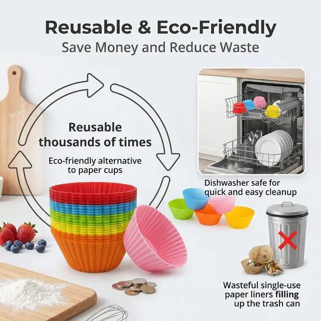 Alt view image 5 of 7 - Baking Cups 24 Pack, Multi-color Reusable Silicone Cupcake Liners, Non-stick and Flexible Muffin Pans for Baking, Easy To Clean Cupcake Molds