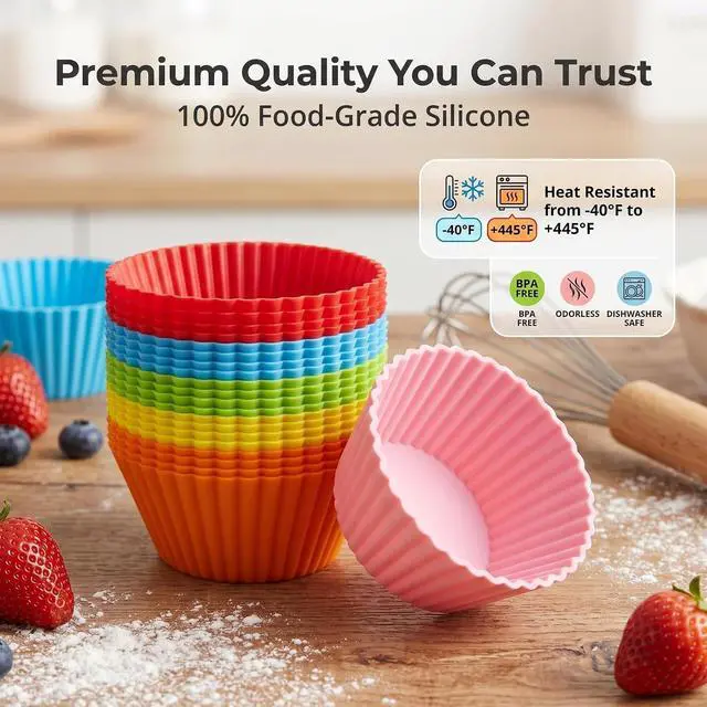 Alt view image 3 of 7 - Baking Cups 24 Pack, Multi-color Reusable Silicone Cupcake Liners, Non-stick and Flexible Muffin Pans for Baking, Easy To Clean Cupcake Molds
