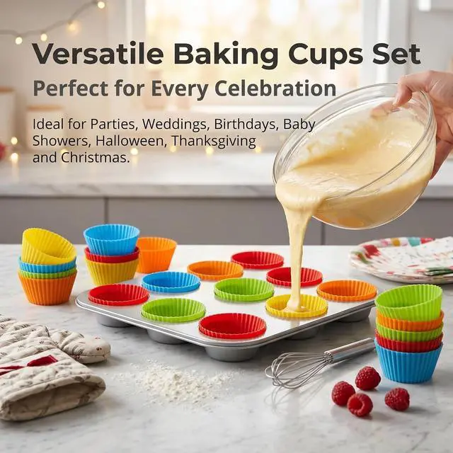 Alt view image 7 of 7 - Baking Cups 24 Pack, Multi-color Reusable Silicone Cupcake Liners, Non-stick and Flexible Muffin Pans for Baking, Easy To Clean Cupcake Molds