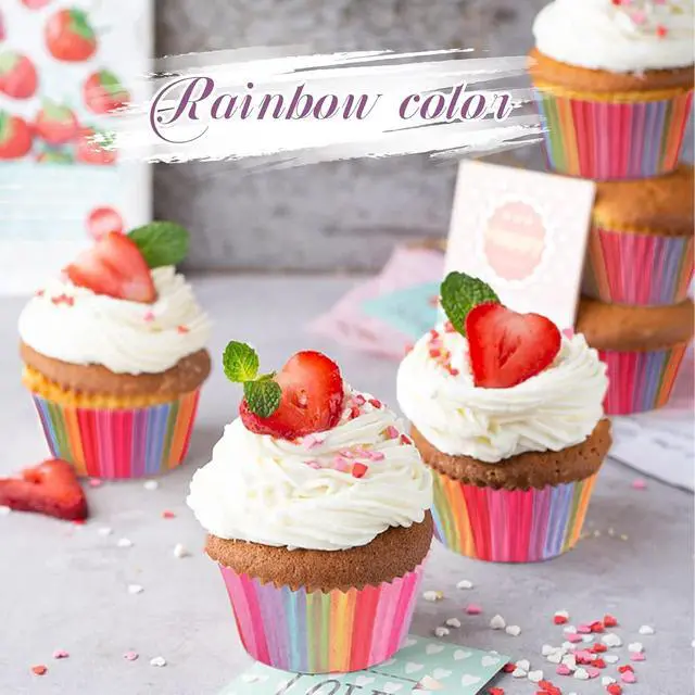 Alt view image 4 of 7 - Rainbow Cupcake Liners, 100 Pieces Greaseproof Paper Muffin Wrappers Nonstick Muffin Molds Baking Cup Holders for Wedding, Birthday, Baby Shower, Cupcake Liners for Childrens Day Party