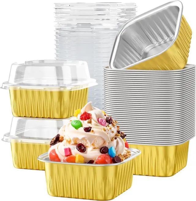 Main image of Mini Cake Pans with Lids, Aluminum Foil Cupcake Baking Cups, 5 oz 40 Pack