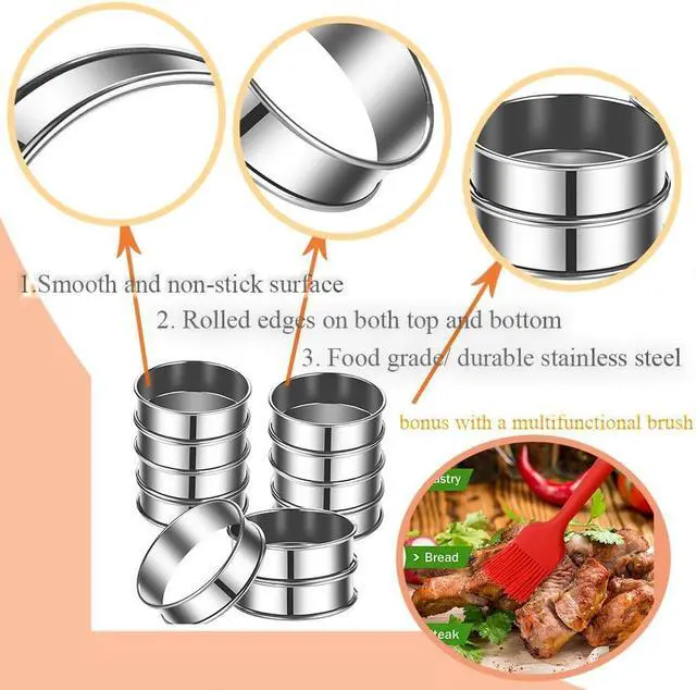 Alt view image 3 of 7 - DATANYA 8Pack 4 Inch English Muffin Rings, Stainless Steel Double Rolled Tart Rings, Round Metal Cooking Pastry Ring Molds for Baking