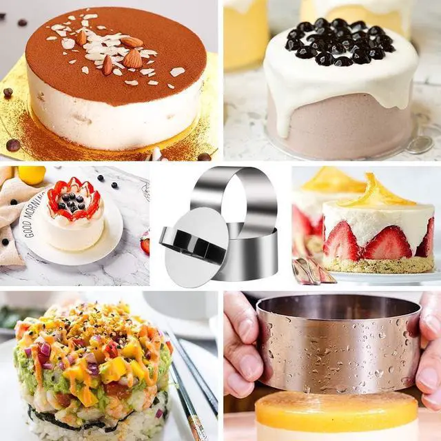 Alt view image 7 of 7 - Gutsdoor 4 Pack Food Presentation Rings Stainless Steel Cake Ring Mold Small Baking Round Cooking Rings for Pastry, Cake, Mousse, Pancake - 4 Pushers+1 tweezer, 3.15 Inches Diameter
