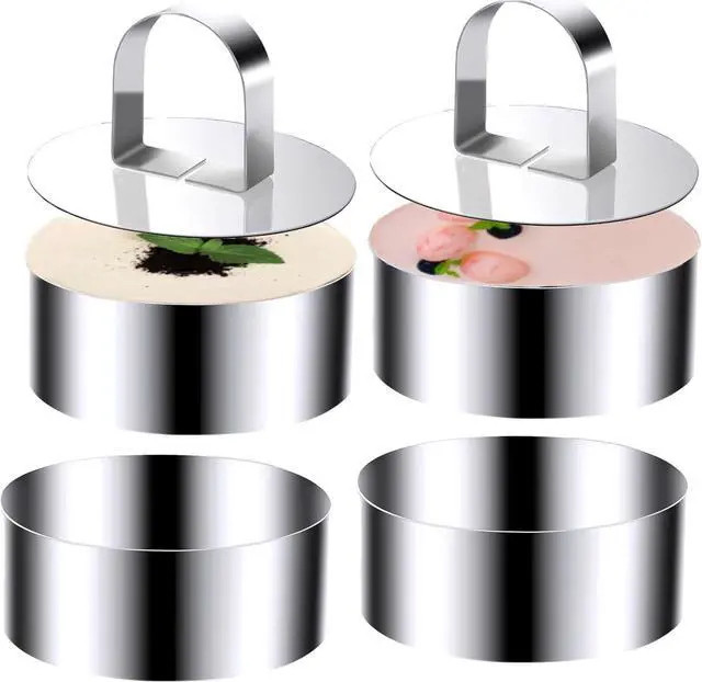 Main image of Round Cake Ring Molds, Stainless Steel 4 inch Food Rings Dessert Mousse Cooking Rings Mold with Pushers 10cm (Include 4 Rings & 2 Pushers)