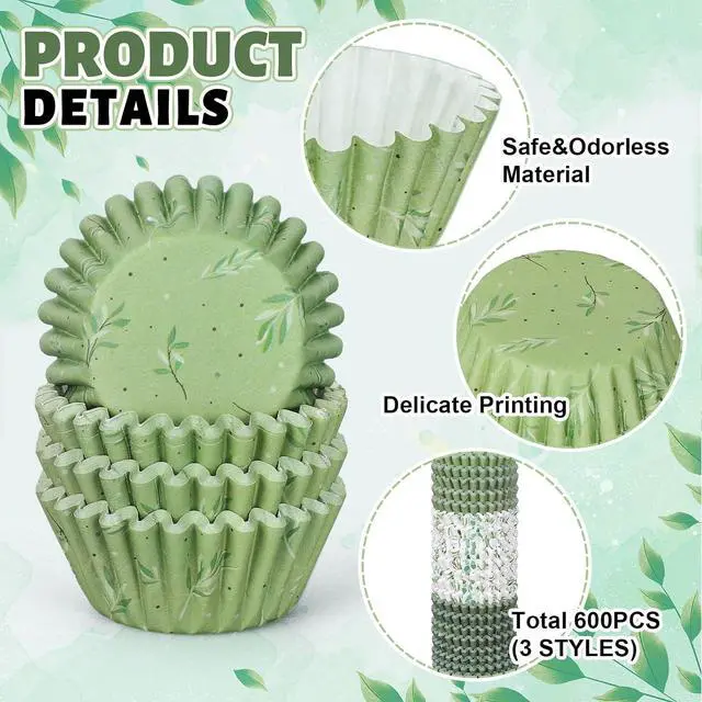 Alt view image 3 of 7 - Whaline 600Pcs Greenery Mini Cupcake Liners Eucalyptus Olive Leaf Cupcake Wrappers Sage Green Wedding Baking Cups for Baby Shower Bridal Shower Wedding Birthday Party Supply