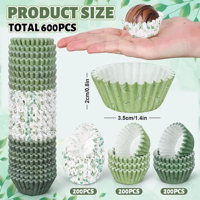 Alt view image 2 of 7 - Whaline 600Pcs Greenery Mini Cupcake Liners Eucalyptus Olive Leaf Cupcake Wrappers Sage Green Wedding Baking Cups for Baby Shower Bridal Shower Wedding Birthday Party Supply
