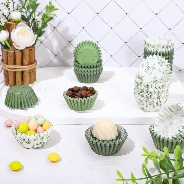 Alt view image 4 of 7 - Whaline 600Pcs Greenery Mini Cupcake Liners Eucalyptus Olive Leaf Cupcake Wrappers Sage Green Wedding Baking Cups for Baby Shower Bridal Shower Wedding Birthday Party Supply