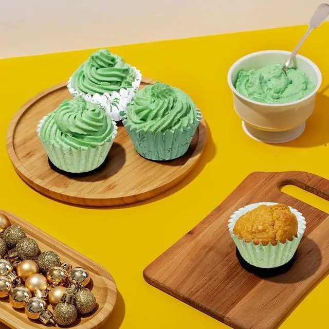 Alt view image 5 of 7 - Whaline 600Pcs Greenery Mini Cupcake Liners Eucalyptus Olive Leaf Cupcake Wrappers Sage Green Wedding Baking Cups for Baby Shower Bridal Shower Wedding Birthday Party Supply