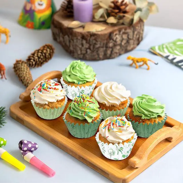 Alt view image 6 of 7 - Whaline 600Pcs Greenery Mini Cupcake Liners Eucalyptus Olive Leaf Cupcake Wrappers Sage Green Wedding Baking Cups for Baby Shower Bridal Shower Wedding Birthday Party Supply