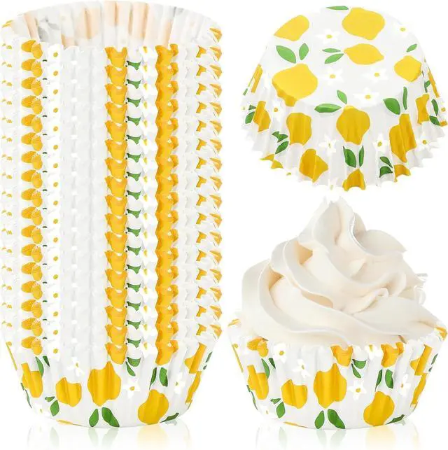 Main image of Whaline 300Pcs Lemon Flower Cupcake Liner Summer Paper Baking Cup Yellow Floral Fruit Muffin Liner Cake Storage Container for Party DIY Craft, 2 x 1.2 Inch