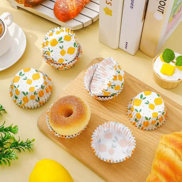 Alt view image 3 of 7 - Whaline 300Pcs Lemon Flower Cupcake Liner Summer Paper Baking Cup Yellow Floral Fruit Muffin Liner Cake Storage Container for Party DIY Craft, 2 x 1.2 Inch