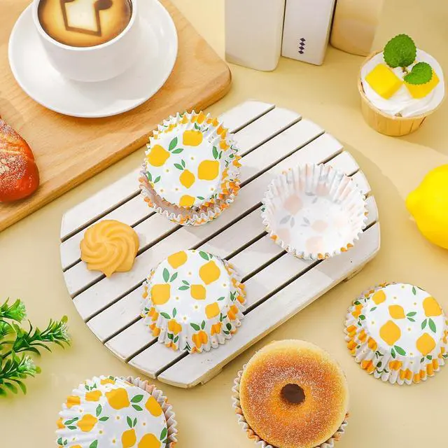 Alt view image 4 of 7 - Whaline 300Pcs Lemon Flower Cupcake Liner Summer Paper Baking Cup Yellow Floral Fruit Muffin Liner Cake Storage Container for Party DIY Craft, 2 x 1.2 Inch