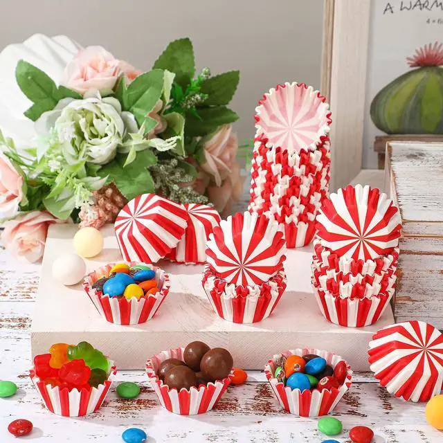 Alt view image 3 of 7 - Pinkunn 600 Count Red White Stripe Mini Cupcake Liner Baking Cups Paper Small Candy Cups Making Supplies Baking Cupcake Liner Supplies Holiday Muffin Chocolate Making Wrappers Candy Paper