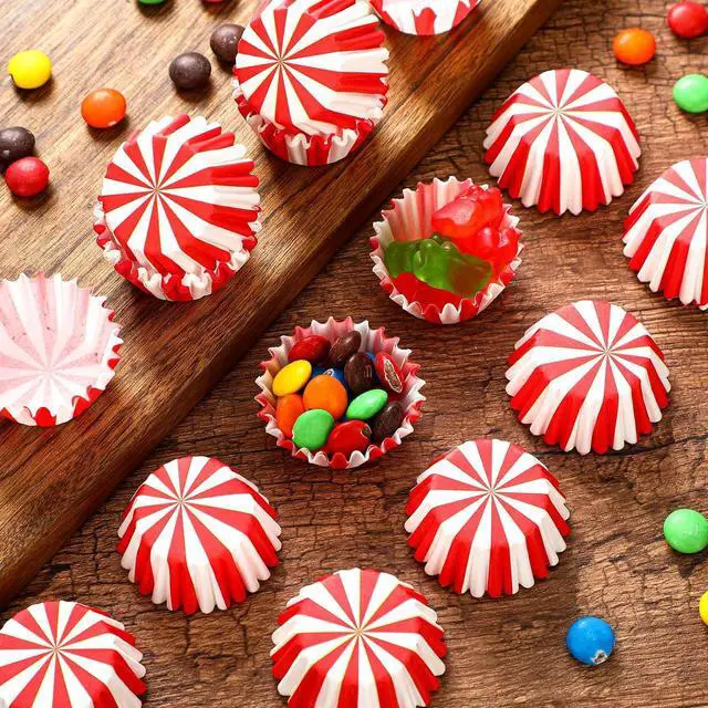 Alt view image 6 of 7 - Pinkunn 600 Count Red White Stripe Mini Cupcake Liner Baking Cups Paper Small Candy Cups Making Supplies Baking Cupcake Liner Supplies Holiday Muffin Chocolate Making Wrappers Candy Paper