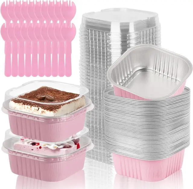 Main image of 20 Pack 10oz Mini Cake Pans with Lids, 4.4x4.4 Inch Aluminum Foil Square Baking Cups with Spoons, Disposable Large Baking Cake Cup Containers with Lids for Party, Wedding, Birthdays, Pink