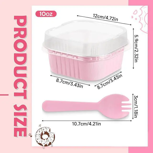 Alt view image 2 of 7 - 20 Pack 10oz Mini Cake Pans with Lids, 4.4x4.4 Inch Aluminum Foil Square Baking Cups with Spoons, Disposable Large Baking Cake Cup Containers with Lids for Party, Wedding, Birthdays, Pink