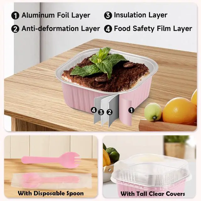 Alt view image 3 of 7 - 20 Pack 10oz Mini Cake Pans with Lids, 4.4x4.4 Inch Aluminum Foil Square Baking Cups with Spoons, Disposable Large Baking Cake Cup Containers with Lids for Party, Wedding, Birthdays, Pink