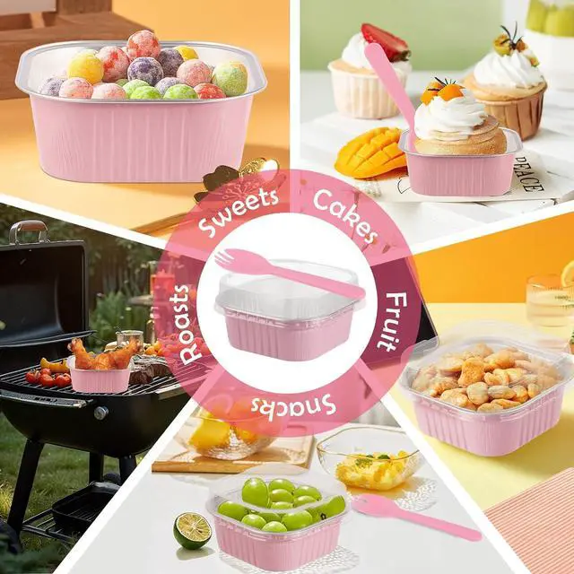 Alt view image 5 of 7 - 20 Pack 10oz Mini Cake Pans with Lids, 4.4x4.4 Inch Aluminum Foil Square Baking Cups with Spoons, Disposable Large Baking Cake Cup Containers with Lids for Party, Wedding, Birthdays, Pink