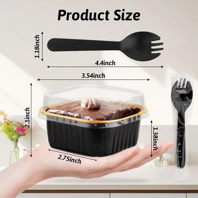 Alt view image 2 of 7 - 35 Pack 5 OZ Disposable Square Mini Baking Pans with Lids, Black and Gold