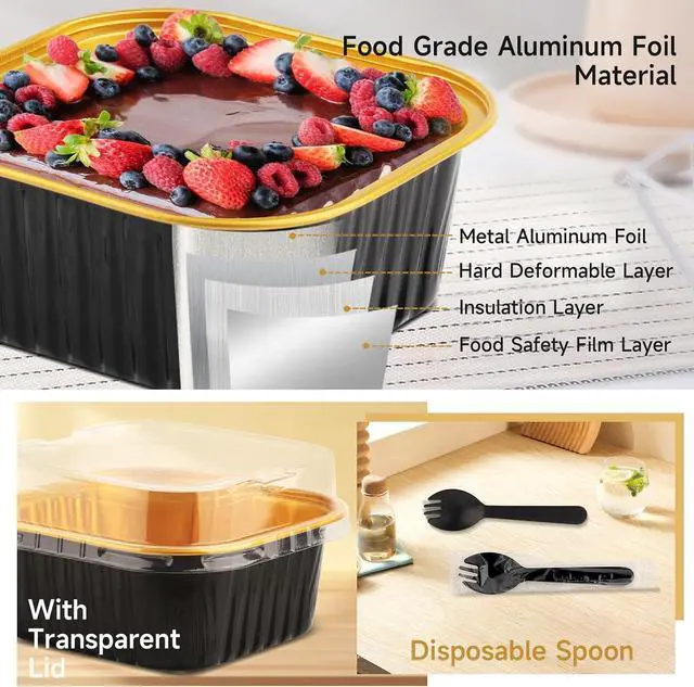 Alt view image 3 of 7 - 35 Pack 5 OZ Disposable Square Mini Baking Pans with Lids, Black and Gold