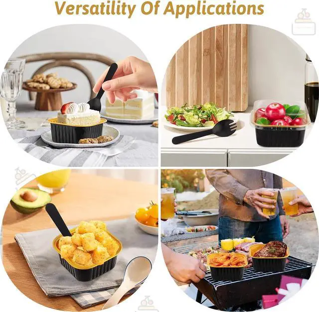 Alt view image 4 of 7 - 35 Pack 5 OZ Disposable Square Mini Baking Pans with Lids, Black and Gold